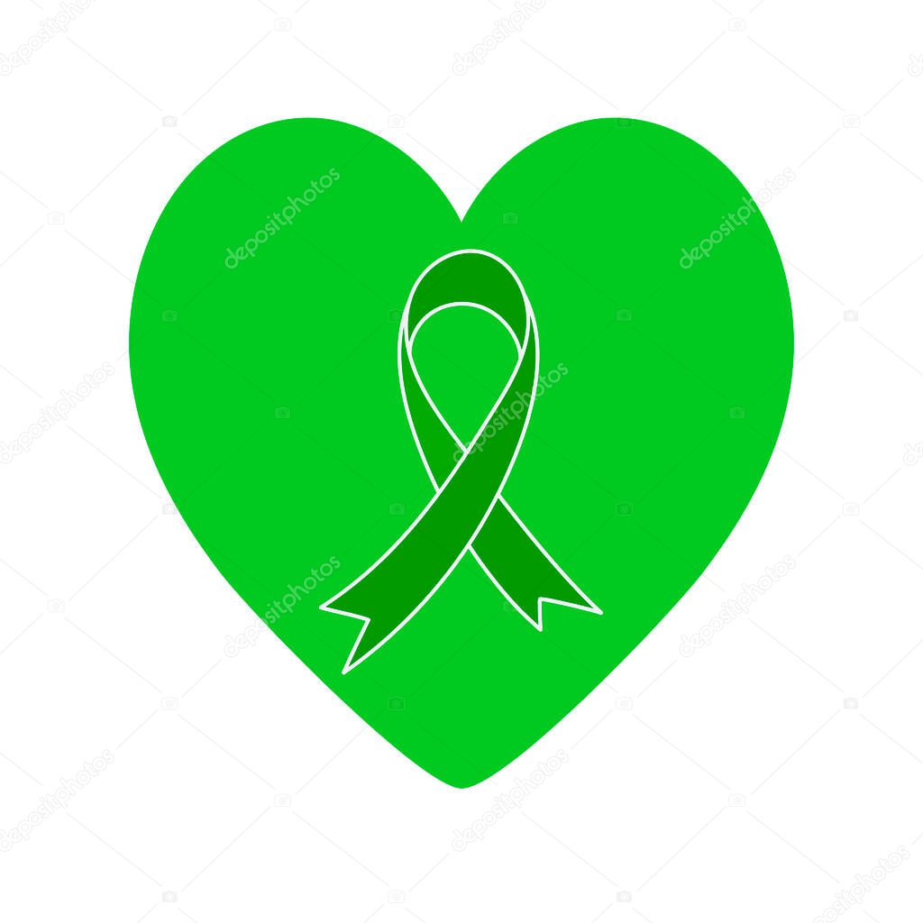 Green ribbon and green heart. Vector symbol isolated on white. Problems of cerebral palsy, mental health, organ donation, kidney cancer