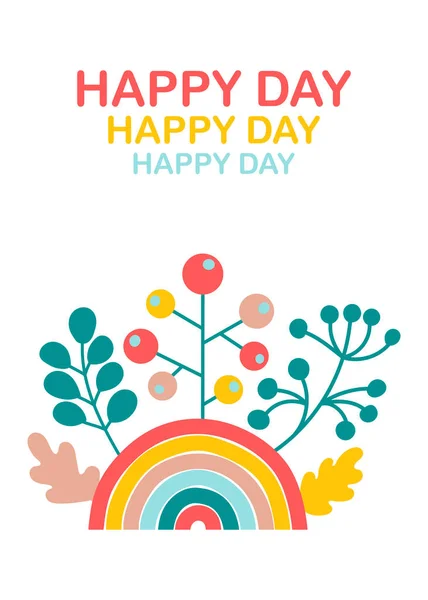 Feliz día, texto. Colorido arco iris elegante, hojas de roble dibujadas a mano, bayas, ramitas . — Vector de stock