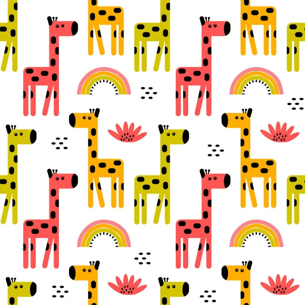 Cartoon giraffe seamless pattern . Rainbow and Doodle elements. Flat cute vector illustration of animals for kids on white.