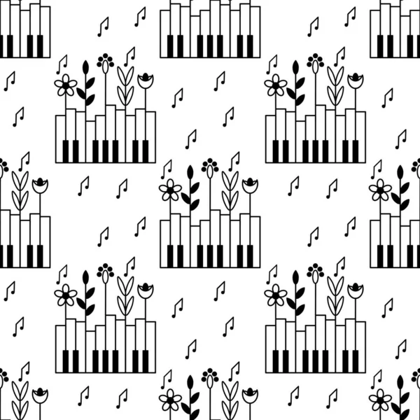 Motif Sans Couture Avec Touches Piano Plantes Notes Nature Musique — Image vectorielle