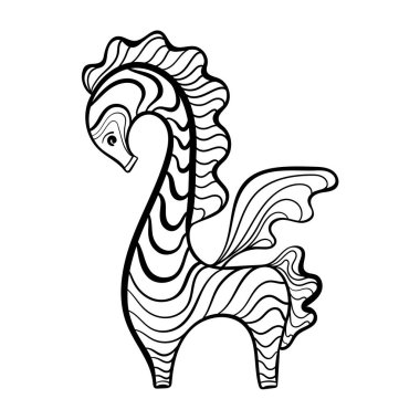 Harika bir hayvan. Pegasus kanatlı at, kusursuz desen. Etnik tarzda. Antik Yunan mitolojisi, etnik düzen, ulusal resim. Renklendirme sayfası için tek renkli el çizimi vektör çizimi