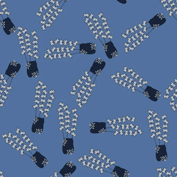 Vazoda basit çiçek dalları olan pürüzsüz bir desen. Contour Botanik Tasarımı. Mavi arkaplanda vektör illüstrasyonu.