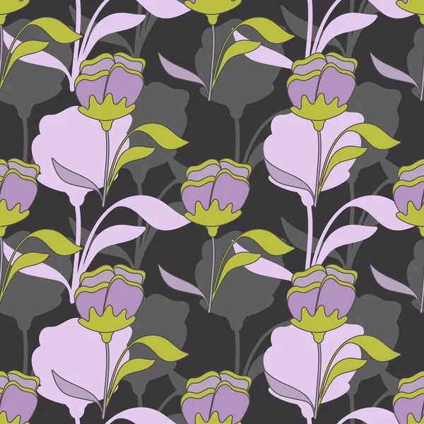 Бесшовный Ботанический Узор Элегантными Фиолетовыми Цветами Благородном Сером Многослойный Фон — стоковый вектор