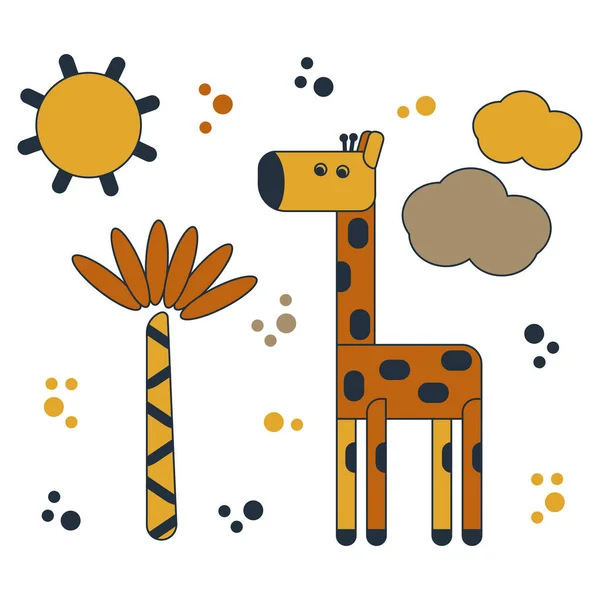 Girafe Dessin Animé Palmiers Nuages Soleil Illustration Vectorielle Mignonne Plate — Image vectorielle