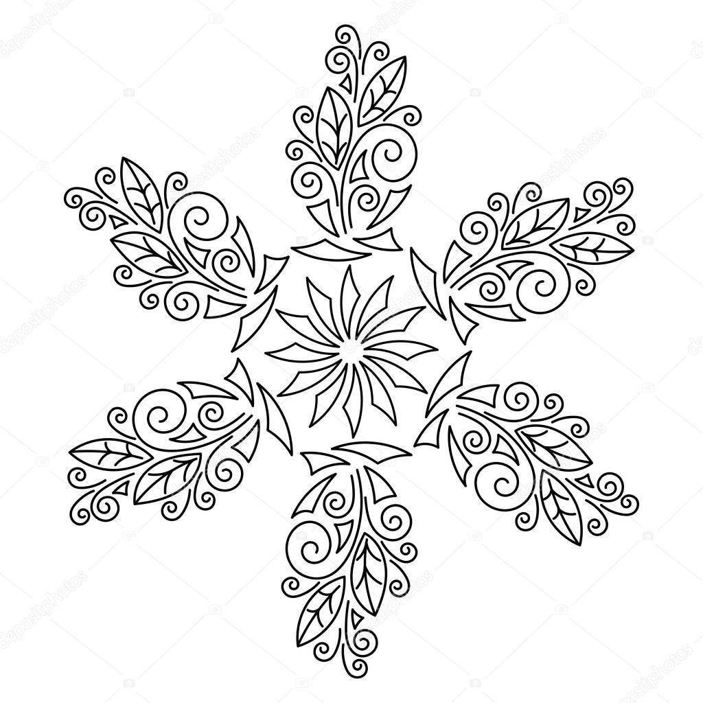 Floral ethnic mandala in black and white, flower . Round element for design and coloring book. Vector illustration.