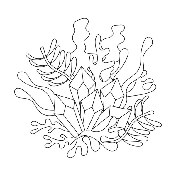 結晶や藻類の植物と着色ページ 水中世界海の海の川 白地に描かれた手描きの落書き構成 ベクトル — ストックベクタ