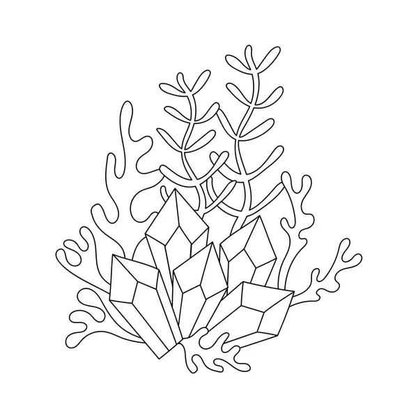 Színező oldal kristályokkal és alga növényekkel. Víz alatti világtenger óceán folyó. Kézzel rajzolt Doodle összetétele fehér alapon, vektor — Stock Vector