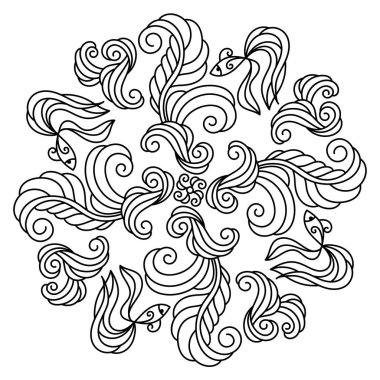 Sualtı Mandala. Stilize dalgalar, su bitkileri, balıklar. Denizin dibi, akvaryum balığı..