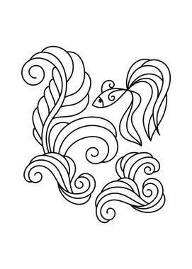 El yapımı sualtı dünyası. Stilize dalgalar, su bitkileri, balıklar. Denizin dibi, akvaryum balığı..