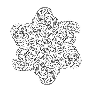 Mandala, çiçek, stres karşıtı boyama kitabı sayfasının yıldızı. Paisley ve diğer elementlerle soyut desen. Beyaz arkaplanda Vektör Freehand çizimi izole edildi.