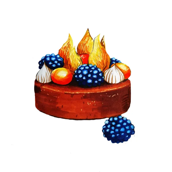 Drawing of a cake with berries on a white background, markers. Illustration.