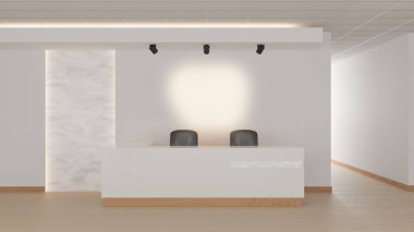 Açık mermer duvar elementleri olan bir ofiste resepsiyon. 3D görüntüleme, düzenle.