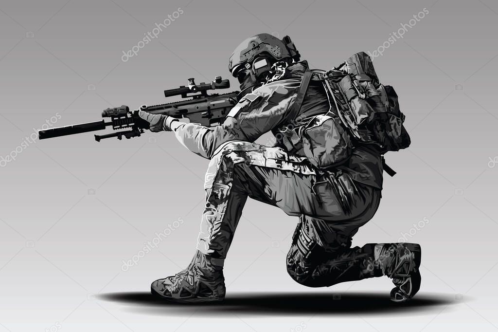 Vector Policeman Tactical Shoot Illustration. Armed police military preparing to shoot with automatic sniper rifle.