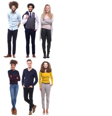 Çok ırklı insanlar kümesi beyaz arka plan üzerinde poz