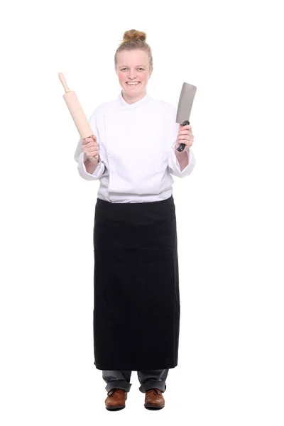 Καυκάσια Γυναίκα Μαγειρεύει Μαχαίρι Και Περιστροφική Καρφίτσα — Φωτογραφία Αρχείου