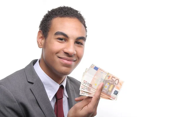 Zwarte Zakenman Poseren Met Eurobankbiljetten — Stockfoto