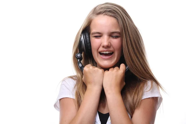 Menina Loira Ouvindo Música Fones Ouvido — Fotografia de Stock