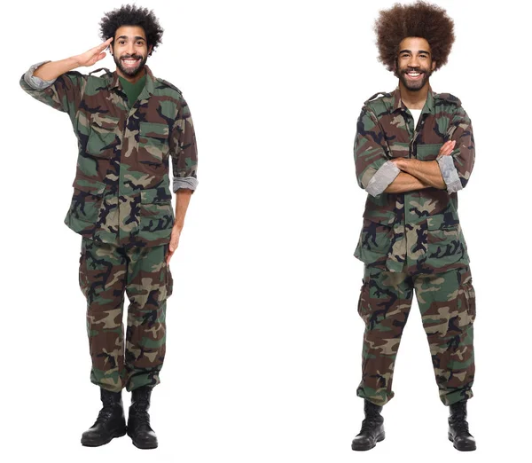 Happy Soldiers Uniform Posing White Background — Stok Foto