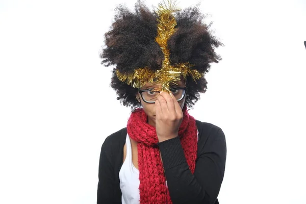 Mooie Afro Amerikaanse Vrouw Kerstdecoratie — Stockfoto