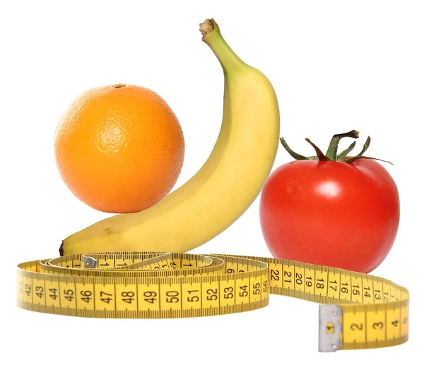 Pomeranč Banán Rajčete Měřicí Páskou Zdravý Koncept — Stock fotografie