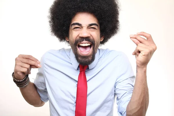 Emotionaler Afro Geschäftsmann Vor Weißem Hintergrund — Stockfoto