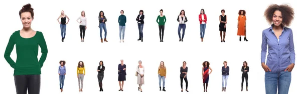 Conjunto Mujeres Multirraciales Diferentes Edades Sobre Fondo Blanco —  Fotos de Stock
