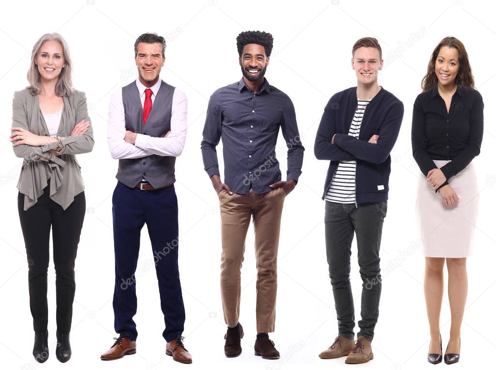 Set of multi-ethnic people is posing on white background