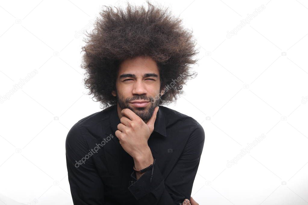 Thinking black man on white background