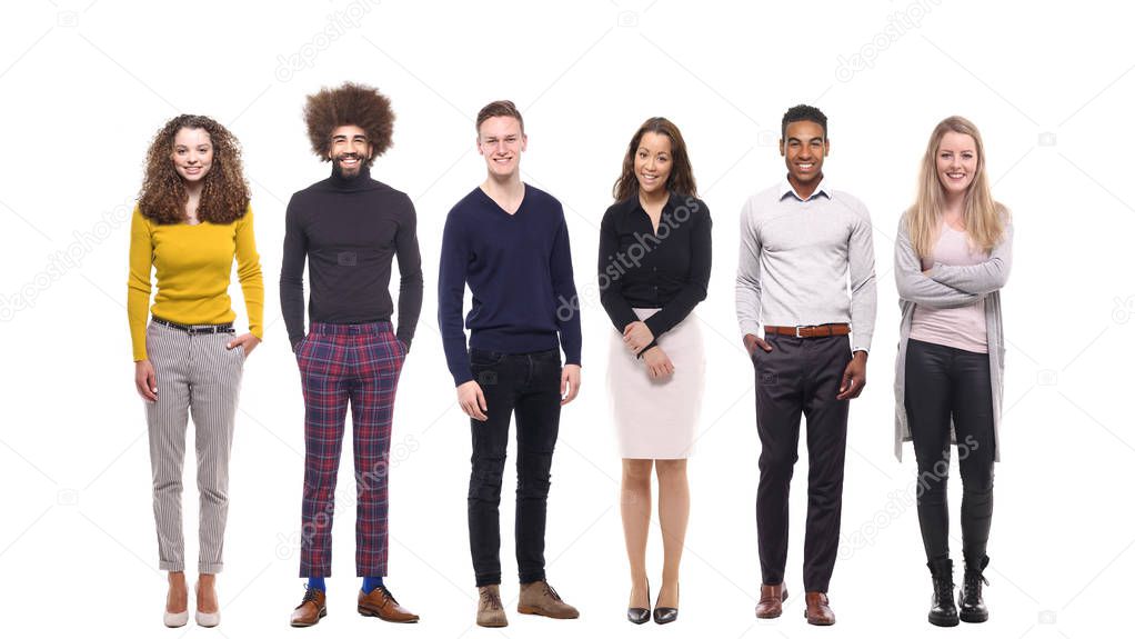 Set of multi-ethnic people is posing on white background