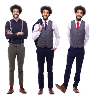 Beyaz arka planda farklı pozlar Afro-Amerikan adam