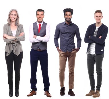 Çok ırklı insanlar kümesi beyaz arka plan üzerinde poz