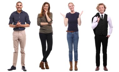 Çok ırklı insanlar kümesi beyaz arka plan üzerinde poz