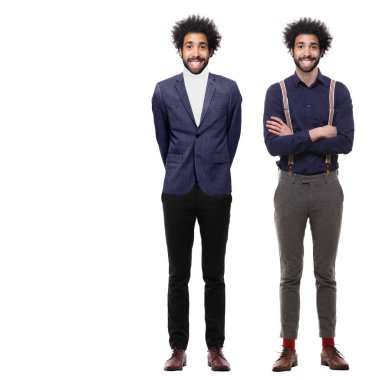 Beyaz arka planda farklı pozlar Afro-Amerikan adam