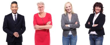 Çok ırklı insanlar kümesi beyaz arka plan üzerinde poz