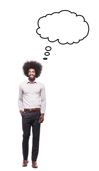 Homem Afro Americano Com Bolha Fala Sobre Fundo Branco — Fotografia de Stock