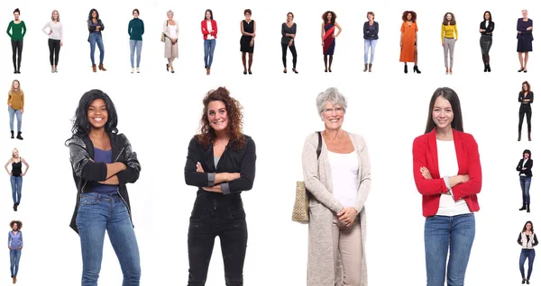 Conjunto Mulheres Multirraciais Diferentes Idades Fundo Branco — Fotografia de Stock
