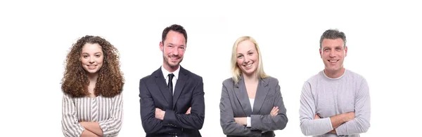 Conjunto Pessoas Caucasianas Está Posando Fundo Branco — Fotografia de Stock