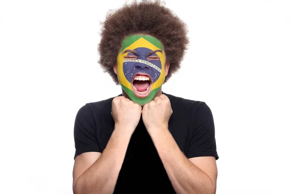 Svart Man Skriker Fläkt Med Brasilien Flagga Ansiktet — Stockfoto