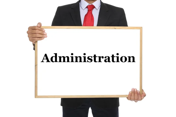 Homme Affaires Tient Tableau Noir Avec Mot Administration — Photo