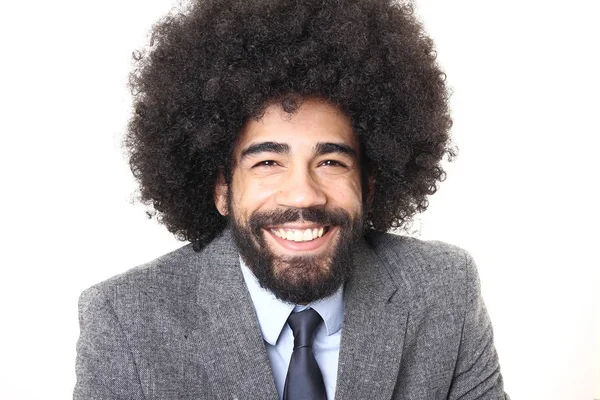 Ευτυχισμένος Μαύρο Άντρα Που Ποζάρει Άσπρο Φόντο — Φωτογραφία Αρχείου