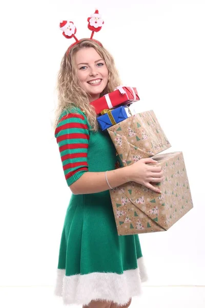 Blond Flicka Med Christmas Boxes — Stockfoto