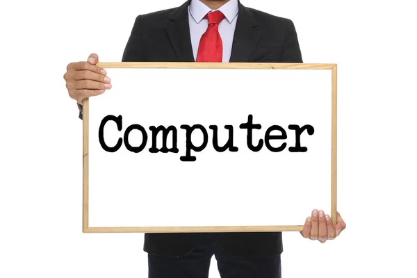 Επιχειρηματίας Κρατά Τον Μαυροπίνακα Λέξη Υπολογιστής — Φωτογραφία Αρχείου