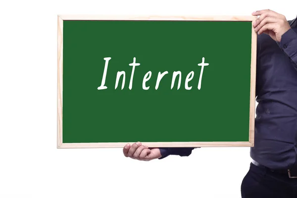 Man Holding Blackboard Word Internet — Stock Photo, Image