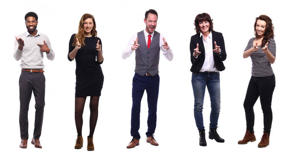 Set of multi-ethnic people is posing on white background