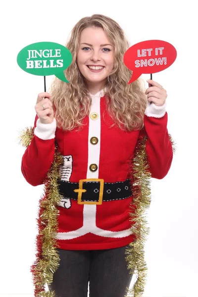 Blondes Mädchen Mit Weihnachtszeichen — Stockfoto