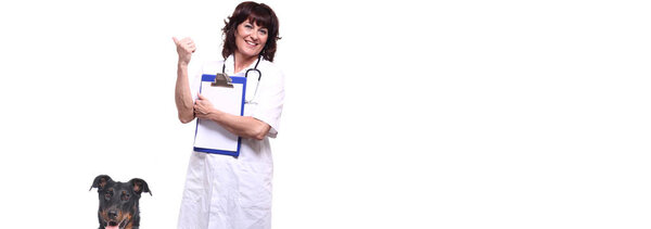 Взрослая белая женщина-ветеринар с собакой
