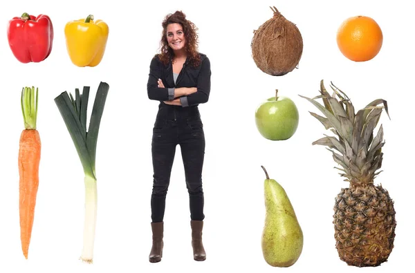 Caucasienne Jeune Fille Avec Différents Légumes Fruits — Photo