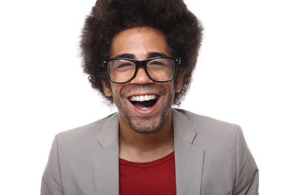 Glücklicher Schwarzer Mann Posiert Auf Weißem Hintergrund — Stockfoto