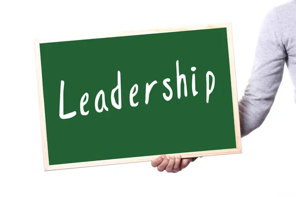 Man Holding Blackboard Word Leadership — Stock Photo, Image