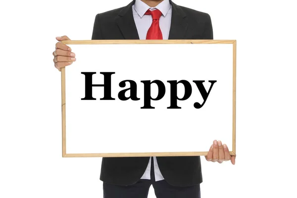 Businessman Holding Blackboard Word Happy — Stock Photo, Image